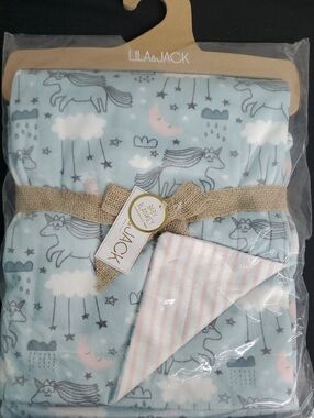 Lila & Jack Light Blue Unicorn Baby Blanket with Pink Striped Reversible Backing